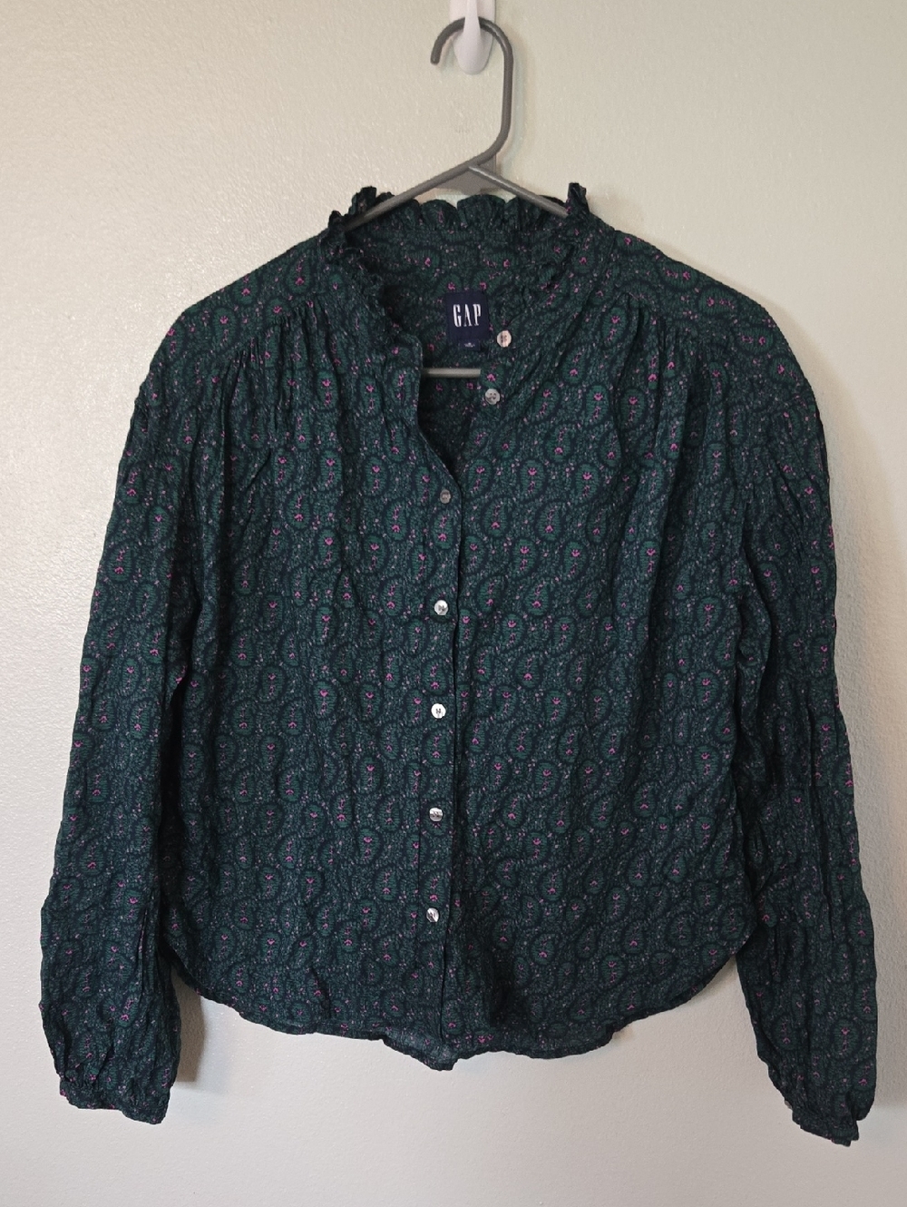 Gap | Dark Green Paisley Print High Neck Button Down Blouse Size Small
